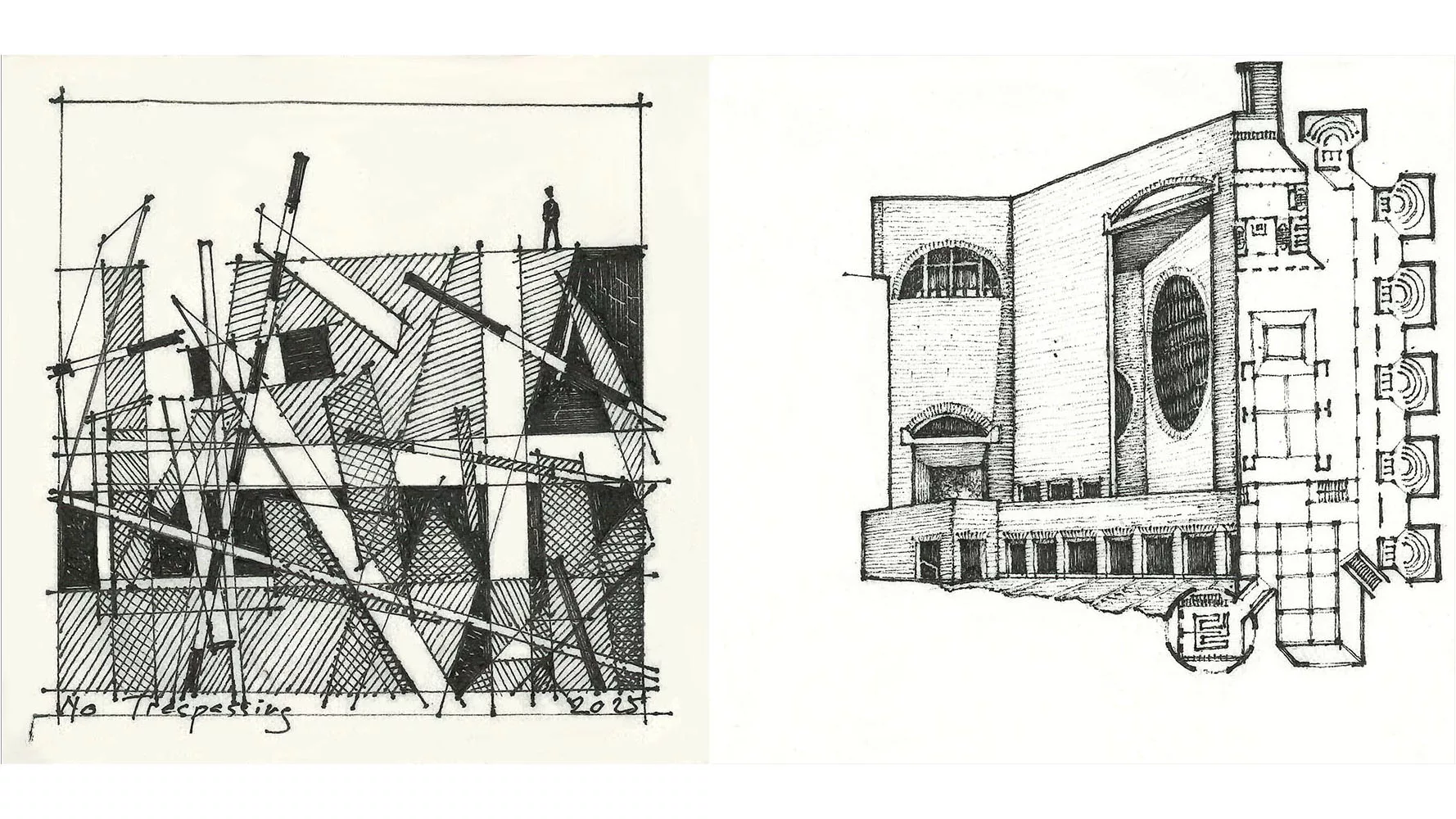 Left side image: abstract sketch; right side image: sketch of the Indian Institute of Management- IIM Ahmedabad in India